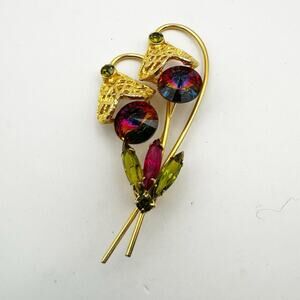 Vintage Watermelon Rivoli Pin Rhinestone Filigree Floral Bouquet Brooch Retro